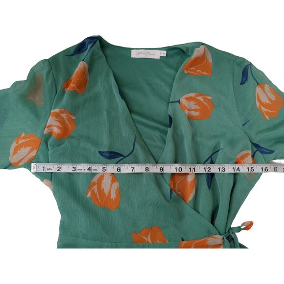All In Favor Wrap Mini Dress Womens S Green Floral Long Sleeve Feminine Flirty - Picture 12 of 14